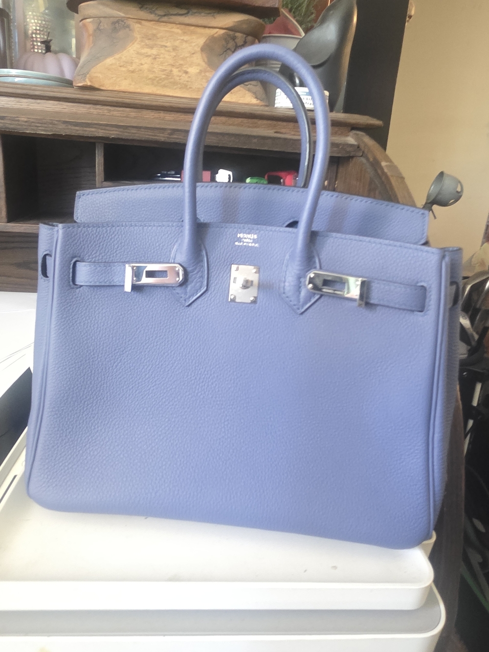 Hermes Navy Blue Leather Tote with Gold Stamping - Picture 5 of 7